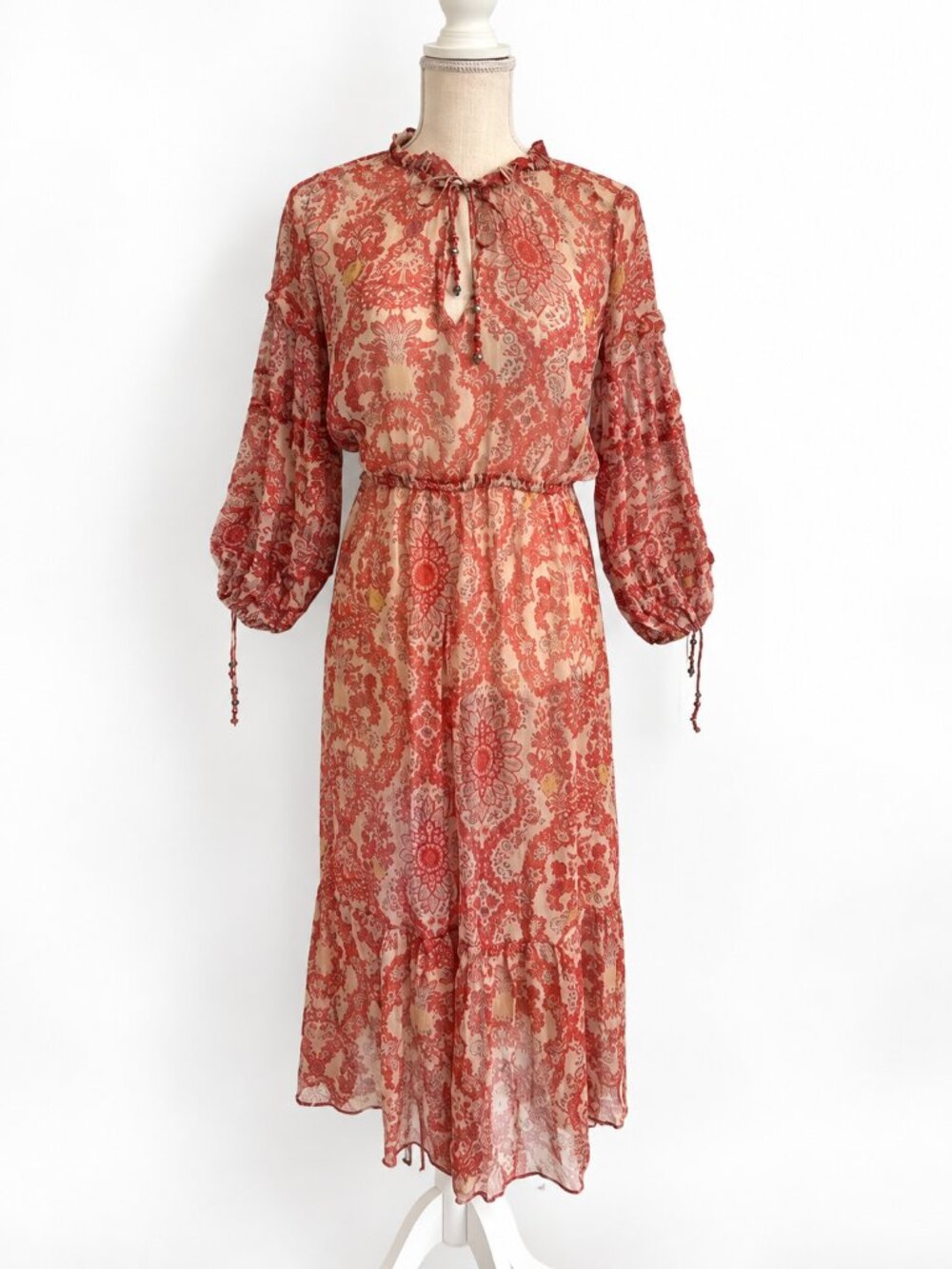 The Kooples Sunrise Chili Pepper Boho Floral Maxi Dress Beads Size 1 (US 4) NWT - Picture 3 of 12